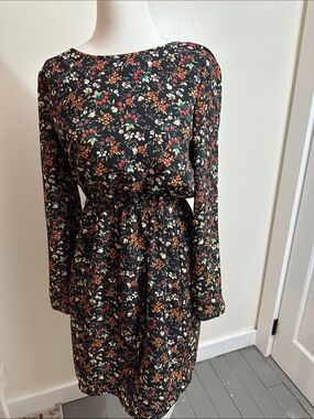 J. Crew Black Floral Long-Sleeve Elastic-Waist Dress
